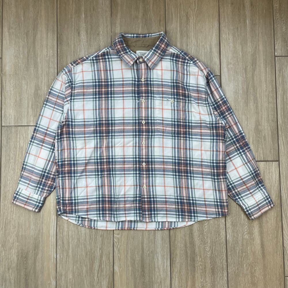 American Eagle Mens XL Boxy Fit Heavy Plaid Flannel Shirt 100% Cotton NWT